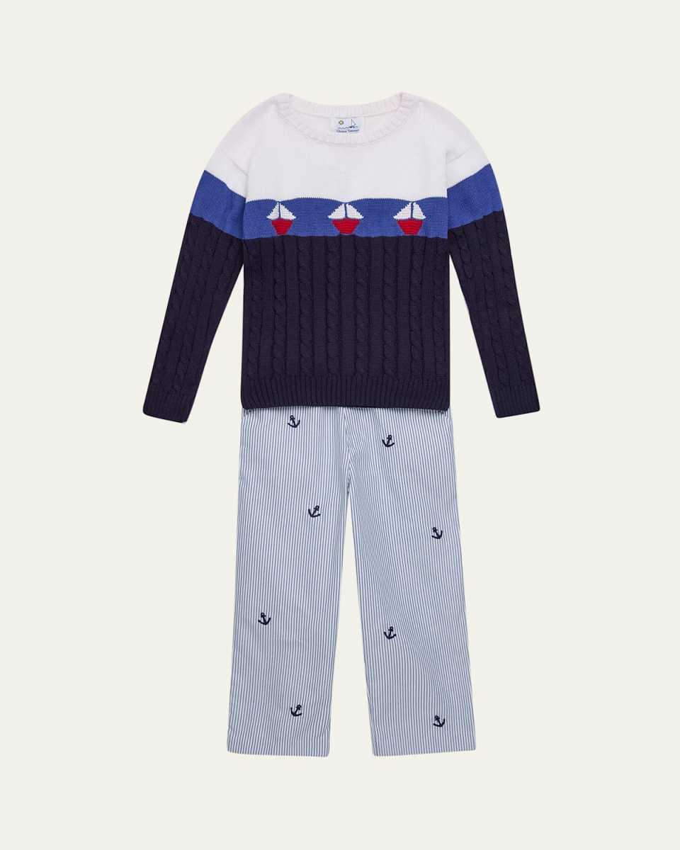 Boy's Sailboat Sweater & Striped Anchor Pants 2-Piece Set, Size 2-6